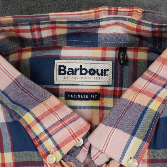 Barbour Shirt Mens Large Red Cotton Button Down Tailored Fit Madras Button Down - Picture 4 of 10